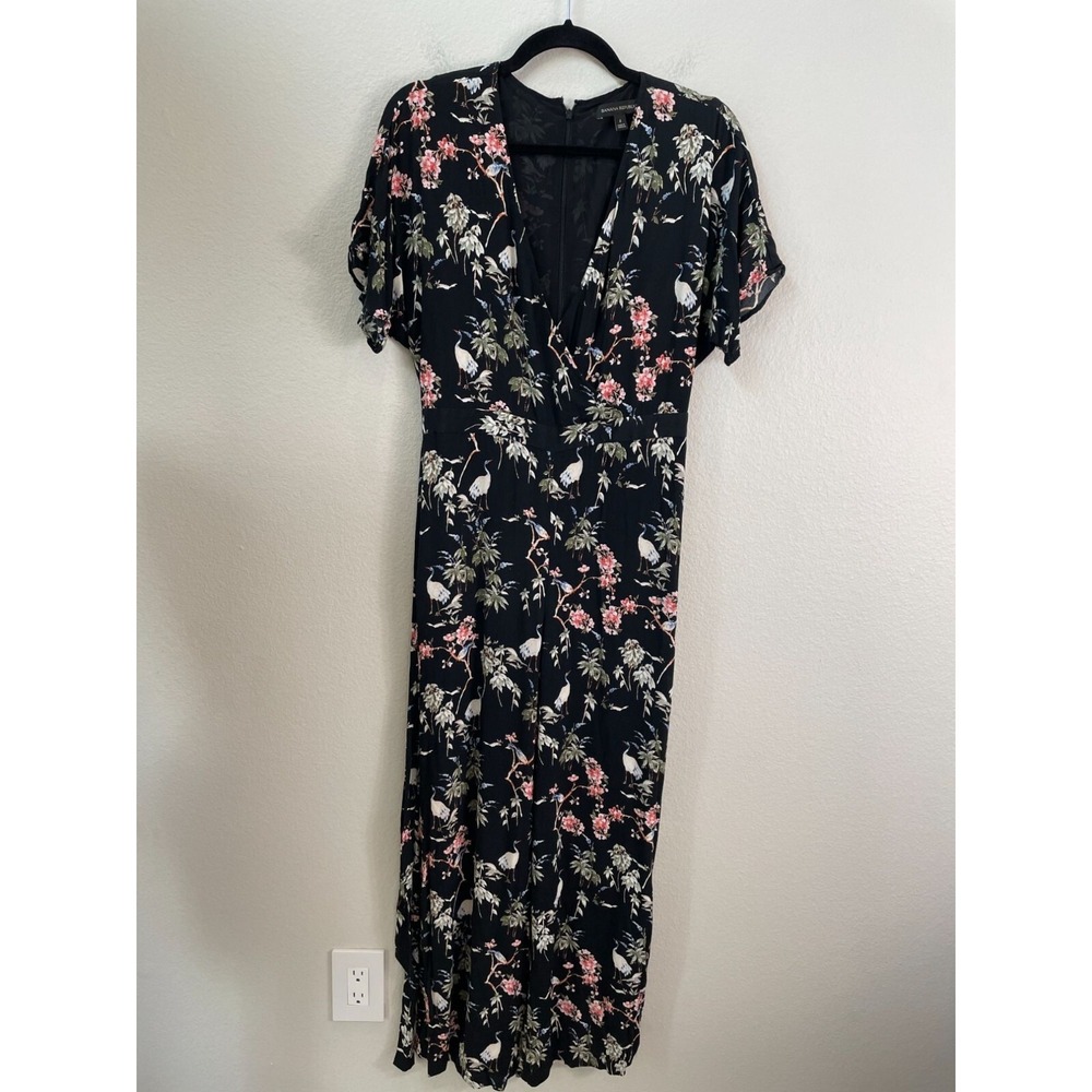 Banana Republic Womens 4 Bird Crane Floral Print Crepe Jumpsuit Short Sleeve